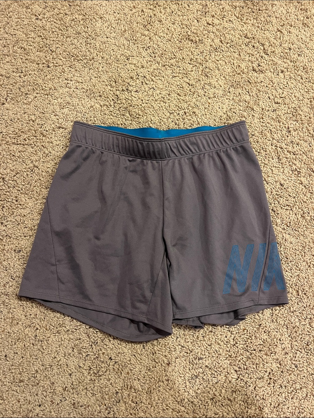 Nike Women's Gray Athletic Shorts with Blue Logo